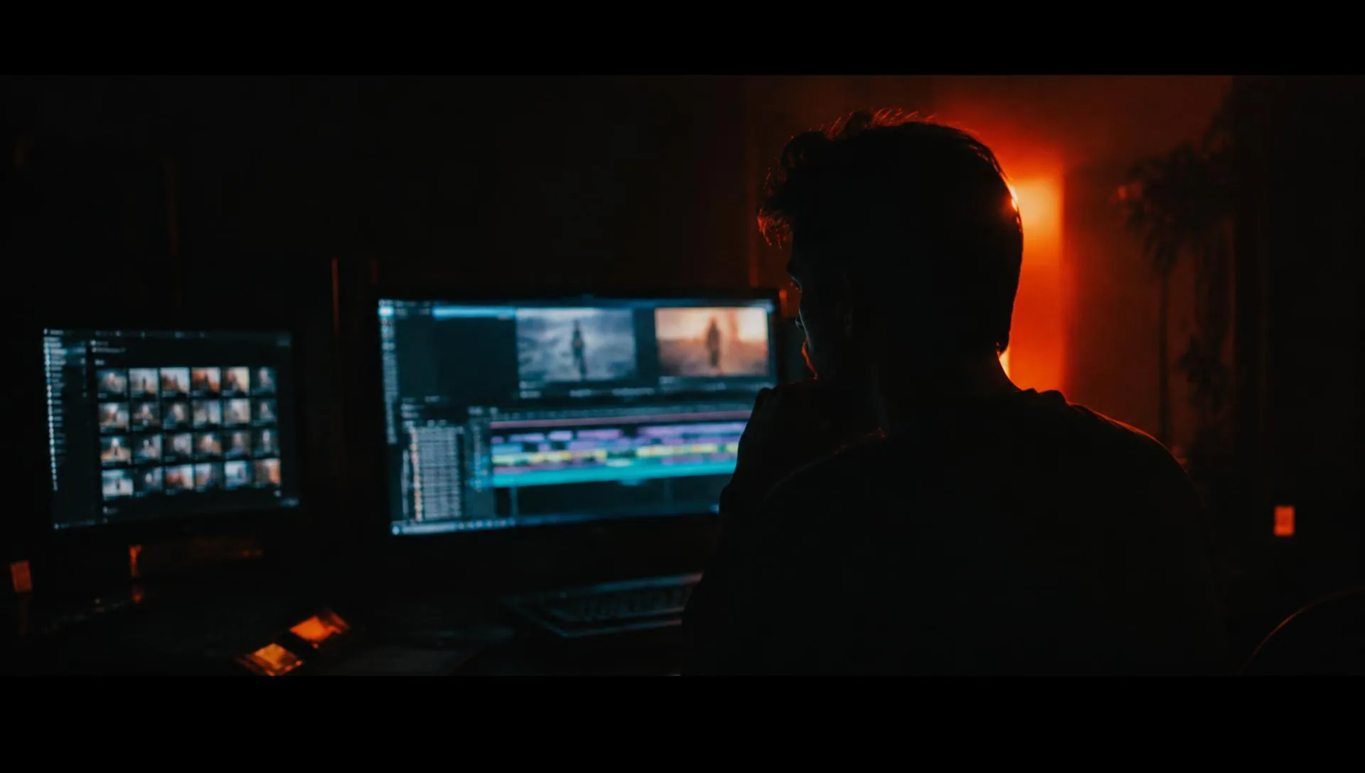 Editor working on a timeline in a dark studio